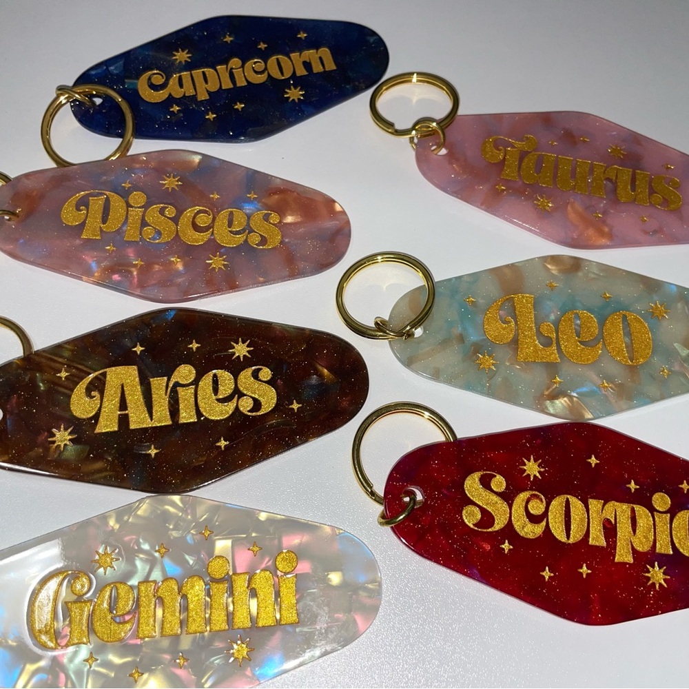 Zodiac Sign Keychains with Gold Lettering
